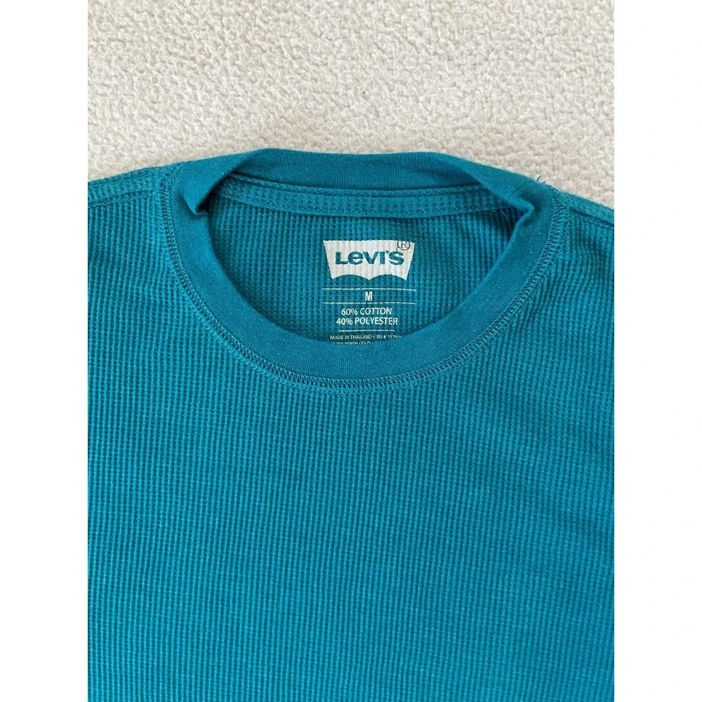 Levis Mens Medium Shirt Teal Waffle Knit Thermal Long Sleeve Crewneck Turquoise